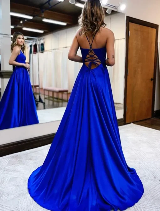 A-Line Prom Dresses Empire Dress Formal Wedding Guest Court Train Sleeveless V Neck Satin Backless with Beading Appliques