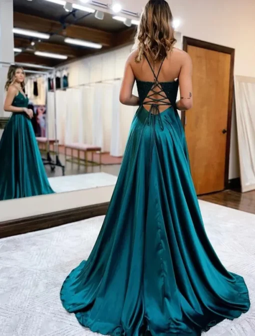 A-Line Prom Dresses Empire Dress Formal Wedding Guest Court Train Sleeveless V Neck Satin Backless with Beading Appliques