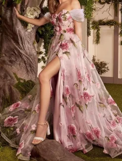 A-Line Prom Dresses Floral Dress Formal Wedding Guest Sweep / Brush Train Sleeveless Off Shoulder Lace with Floral Print