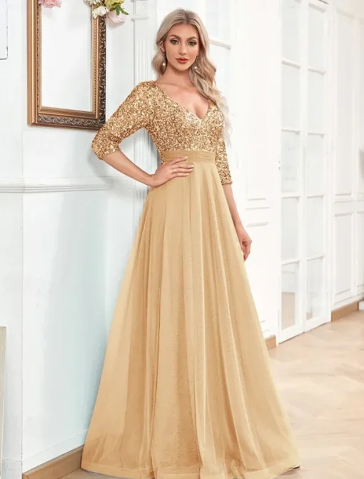 A-Line Prom Dresses Glittering Dress Formal Wedding Floor Length Long Sleeve V Neck Tulle with Glitter