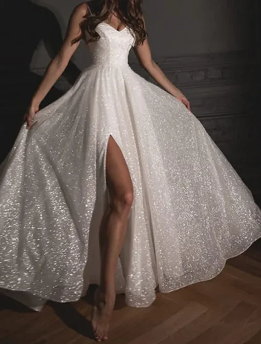 A-Line Prom Dresses Glittering Dress Wedding Guest Wedding Party Sweep / Brush Train Sleeveless Spaghetti Strap Fall Wedding Reception Tulle with Sequin Slit Masquerade Dress