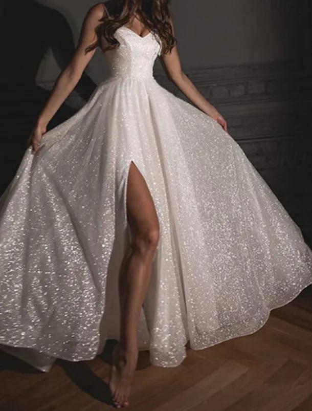 A-Line Prom Dresses Glittering Dress Wedding Guest Wedding Party Sweep / Brush Train Sleeveless Spaghetti Strap Fall Wedding Reception Tulle with Sequin Slit Masquerade Dress