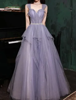 A-Line Prom Dresses Sparkle & Shine Dress Wedding Guest Birthday Floor Length Sleeveless Off Shoulder Tulle with Sequin dress to impress