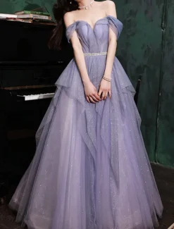 A-Line Prom Dresses Sparkle & Shine Dress Wedding Guest Birthday Floor Length Sleeveless Off Shoulder Tulle with Sequin dress to impress