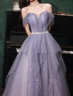A-Line Prom Dresses Sparkle & Shine Dress Wedding Guest Birthday Floor Length Sleeveless Off Shoulder Tulle with Sequin dress to impress