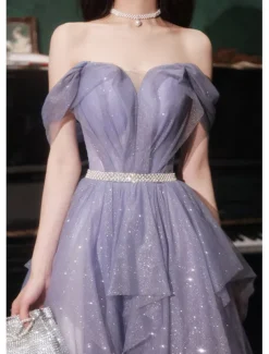A-Line Prom Dresses Sparkle & Shine Dress Wedding Guest Birthday Floor Length Sleeveless Off Shoulder Tulle with Sequin dress to impress
