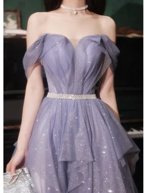 A-Line Prom Dresses Sparkle & Shine Dress Wedding Guest Birthday Floor Length Sleeveless Off Shoulder Tulle with Sequin dress to impress