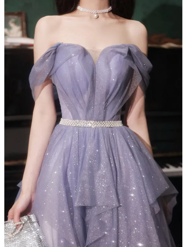A-Line Prom Dresses Sparkle & Shine Dress Wedding Guest Birthday Floor Length Sleeveless Off Shoulder Tulle with Sequin dress to impress