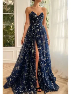 A-Line Prom Dresses Sparkle & Shine Dress Wedding Guest Birthday Sweep / Brush Train Long Sleeve Strapless Tulle with Sequin Slit Masquerade Dress