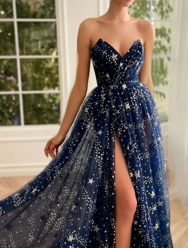 A-Line Prom Dresses Sparkle & Shine Dress Wedding Guest Birthday Sweep / Brush Train Long Sleeve Strapless Tulle with Sequin Slit Masquerade Dress