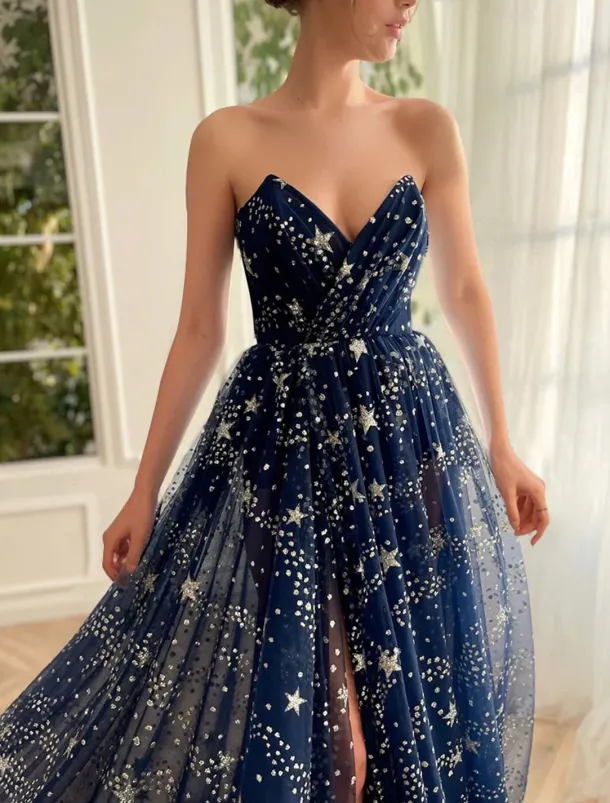 A-Line Prom Dresses Sparkle & Shine Dress Wedding Guest Birthday Sweep / Brush Train Long Sleeve Strapless Tulle with Sequin Slit Masquerade Dress