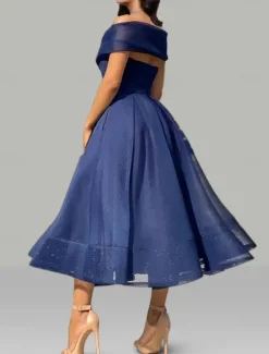 A-Line Prom Dresses Vintage Dress Wedding Guest Summer Tea Length Sleeveless Off Shoulder Organza Backless with Ruched Dresses