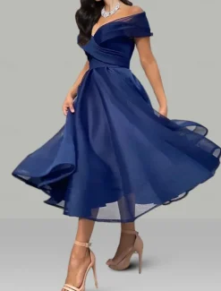 A-Line Prom Dresses Vintage Dress Wedding Guest Summer Tea Length Sleeveless Off Shoulder Organza Backless with Ruched Dresses