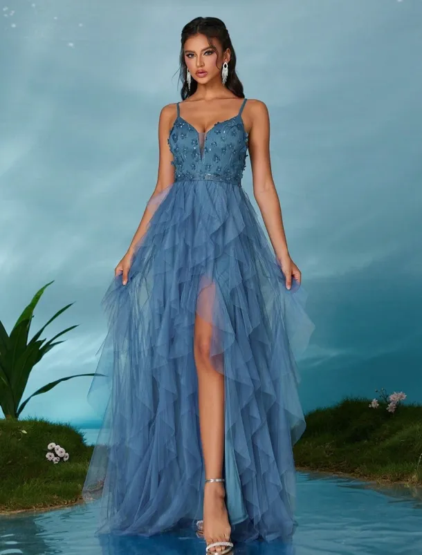 A-Line Quinceanera Dresses Elegant Dress Wedding Wedding Guest Floor Length Sleeveless V Neck Tulle Backless with Pleats Slit
