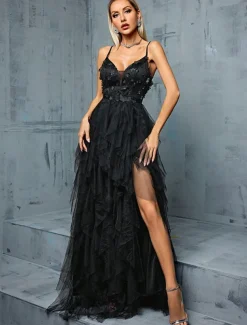 A-Line Quinceanera Dresses Elegant Dress Wedding Wedding Guest Floor Length Sleeveless V Neck Tulle Backless with Pleats Slit