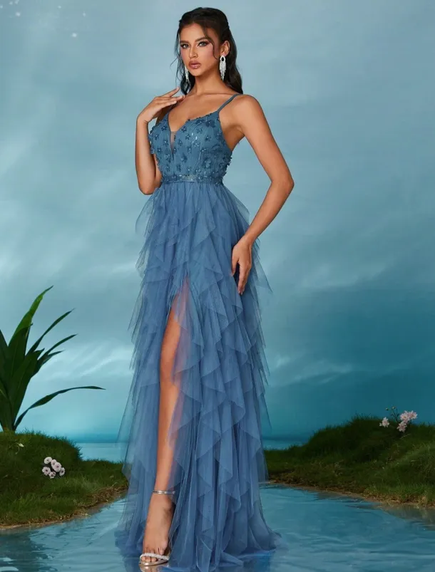 A-Line Quinceanera Dresses Elegant Dress Wedding Wedding Guest Floor Length Sleeveless V Neck Tulle Backless with Pleats Slit