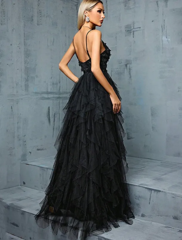 A-Line Quinceanera Dresses Elegant Dress Wedding Wedding Guest Floor Length Sleeveless V Neck Tulle Backless with Pleats Slit