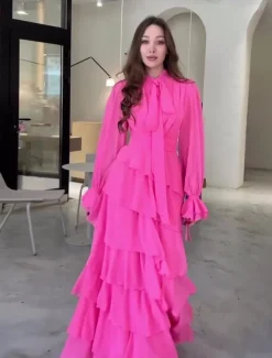 A-Line Quinceanera Dresses Elegant Dress Formal Wedding Floor Length Long Sleeve High Neck Chiffon with Ruffles