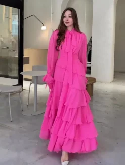 A-Line Quinceanera Dresses Elegant Dress Formal Wedding Floor Length Long Sleeve High Neck Chiffon with Ruffles