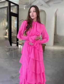 A-Line Quinceanera Dresses Elegant Dress Formal Wedding Floor Length Long Sleeve High Neck Chiffon with Ruffles