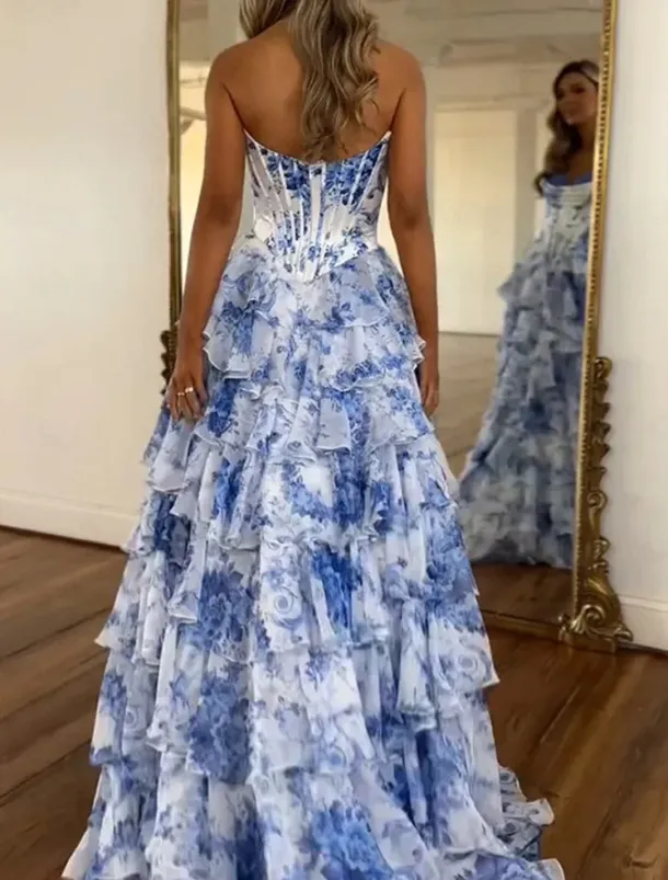 A-Line Quinceanera Dresses Corset Tiered Dress Wedding Wedding Guest Floor Length Sleeveless Strapless Chiffon Backless with Floral Print Wedding Guest Dress