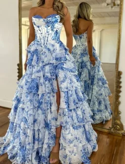 A-Line Quinceanera Dresses Corset Tiered Dress Wedding Wedding Guest Floor Length Sleeveless Strapless Chiffon Backless with Floral Print Wedding Guest Dress