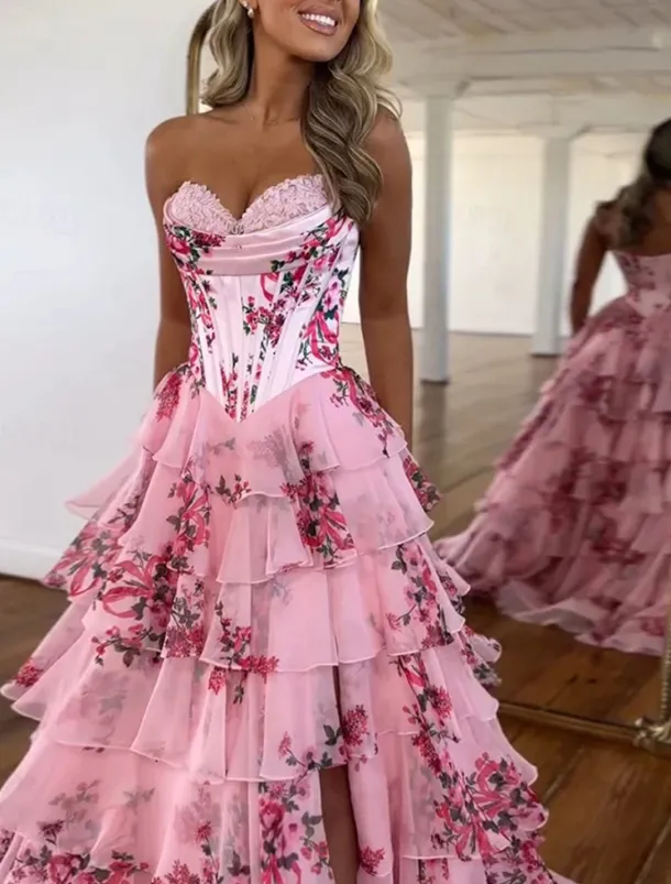 A-Line Quinceanera Dresses Corset Tiered Dress Wedding Wedding Guest Floor Length Sleeveless Strapless Chiffon Backless with Floral Print Wedding Guest Dress