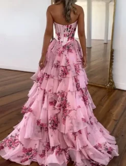 A-Line Quinceanera Dresses Corset Tiered Dress Wedding Wedding Guest Floor Length Sleeveless Strapless Chiffon Backless with Floral Print Wedding Guest Dress
