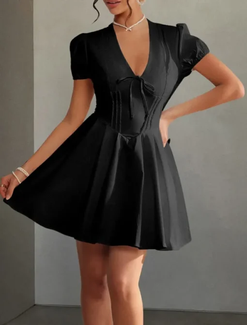 A-Line Quinceanera Dresses Elegant Dress Formal Wedding Short / Mini Short Sleeve V Neck Satin with Pleats