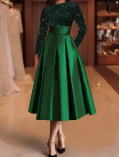 A-Line Sequin Cocktail Dresses Elegant Dress Wedding Guest Tea Length Long Sleeve Jewel Neck Satin with Pleats Dresses