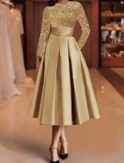 A-Line Sequin Cocktail Dresses Elegant Dress Wedding Guest Tea Length Long Sleeve Jewel Neck Satin with Pleats Dresses