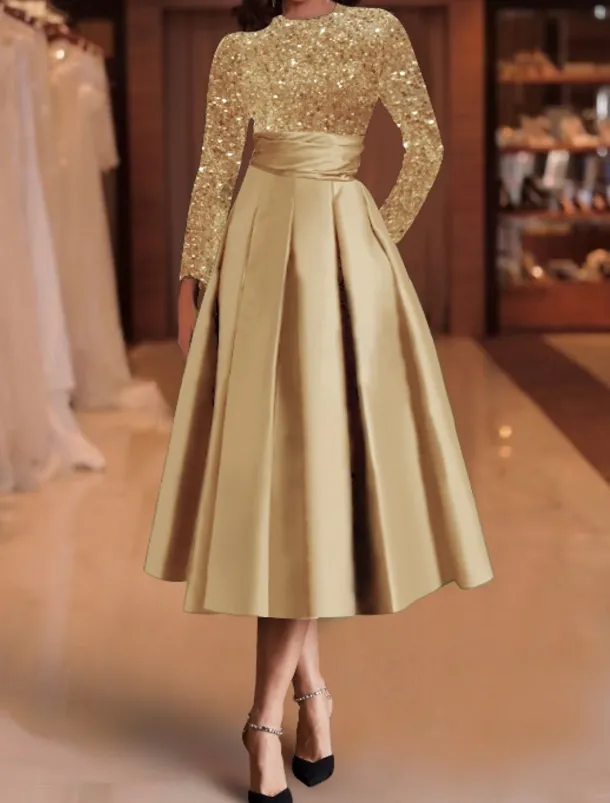 A-Line Sequin Cocktail Dresses Elegant Dress Wedding Guest Tea Length Long Sleeve Jewel Neck Satin with Pleats Dresses