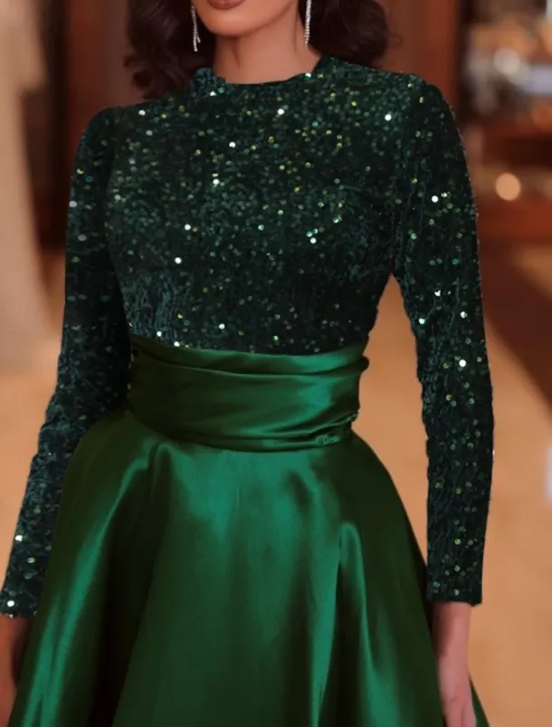 A-Line Sequin Cocktail Dresses Elegant Dress Wedding Guest Tea Length Long Sleeve Jewel Neck Satin with Pleats Dresses