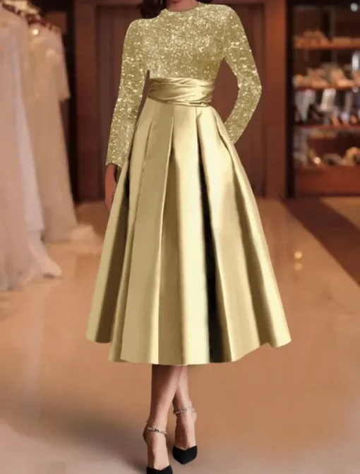 A-Line Sequin Cocktail Dresses Elegant Dress Wedding Guest Tea Length Long Sleeve Jewel Neck Satin with Pleats Dresses