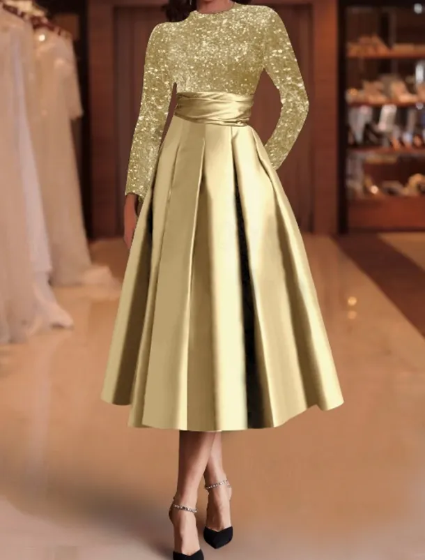 A-Line Sequin Cocktail Dresses Elegant Dress Wedding Guest Tea Length Long Sleeve Jewel Neck Satin with Pleats Dresses