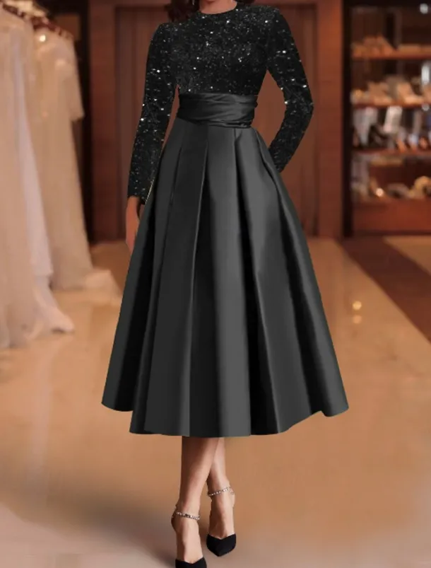 A-Line Sequin Cocktail Dresses Elegant Dress Wedding Guest Tea Length Long Sleeve Jewel Neck Satin with Pleats Dresses