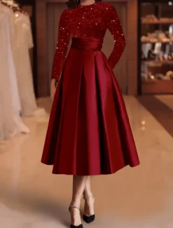 A-Line Sequin Cocktail Dresses Elegant Dress Wedding Guest Tea Length Long Sleeve Jewel Neck Satin with Pleats Dresses