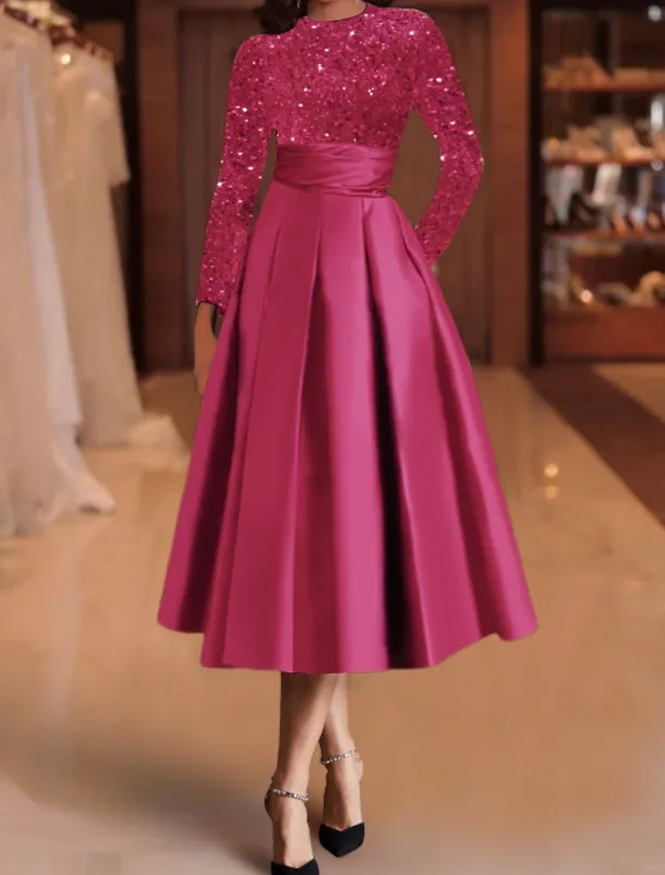 A-Line Sequin Cocktail Dresses Elegant Dress Wedding Guest Tea Length Long Sleeve Jewel Neck Satin with Pleats Dresses