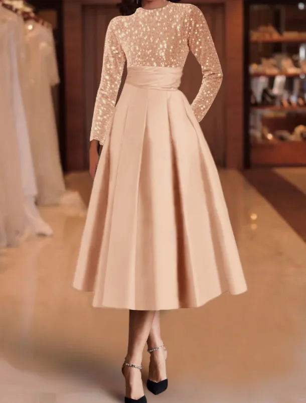 A-Line Sequin Cocktail Dresses Elegant Dress Wedding Guest Tea Length Long Sleeve Jewel Neck Satin with Pleats Dresses