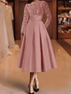 A-Line Sequin Cocktail Dresses Elegant Dress Wedding Guest Tea Length Long Sleeve Jewel Neck Satin with Pleats Dresses