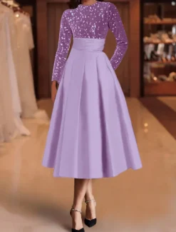 A-Line Sequin Cocktail Dresses Elegant Dress Wedding Guest Tea Length Long Sleeve Jewel Neck Satin with Pleats Dresses