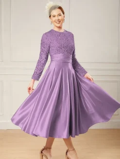 A-Line Sequin Cocktail Dresses Elegant Dress Wedding Guest Tea Length Long Sleeve Jewel Neck Satin with Pleats Dresses