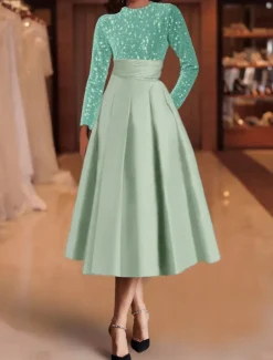 A-Line Sequin Cocktail Dresses Elegant Dress Wedding Guest Tea Length Long Sleeve Jewel Neck Satin with Pleats Dresses