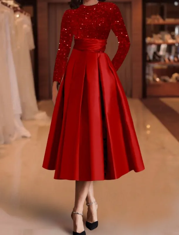 A-Line Sequin Cocktail Dresses Elegant Dress Wedding Guest Tea Length Long Sleeve Jewel Neck Satin with Pleats Dresses