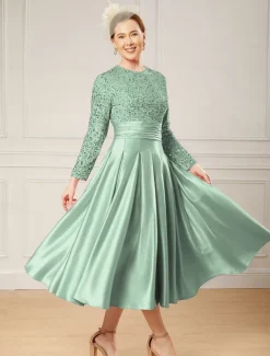 A-Line Sequin Cocktail Dresses Elegant Dress Wedding Guest Tea Length Long Sleeve Jewel Neck Satin with Pleats Dresses