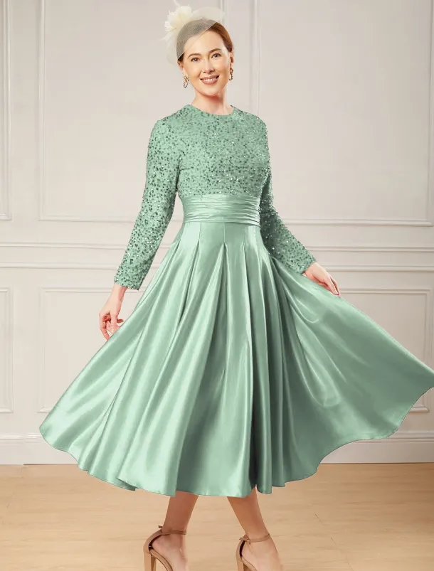 A-Line Sequin Cocktail Dresses Elegant Dress Wedding Guest Tea Length Long Sleeve Jewel Neck Satin with Pleats Dresses