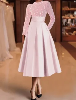 A-Line Sequin Cocktail Dresses Elegant Dress Wedding Guest Tea Length Long Sleeve Jewel Neck Satin with Pleats Dresses