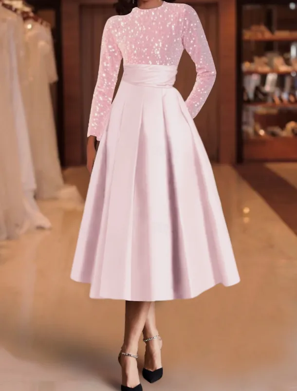 A-Line Sequin Cocktail Dresses Elegant Dress Wedding Guest Tea Length Long Sleeve Jewel Neck Satin with Pleats Dresses