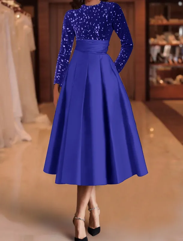 A-Line Sequin Cocktail Dresses Elegant Dress Wedding Guest Tea Length Long Sleeve Jewel Neck Satin with Pleats Dresses