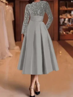 A-Line Sequin Cocktail Dresses Elegant Dress Wedding Guest Tea Length Long Sleeve Jewel Neck Satin with Pleats Dresses